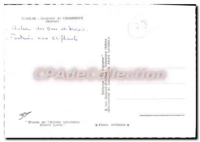 Chambery — Widok panoramiczny z zamekiem, fontanną z elefantami i ulicą — Wydawnictwo Sergent-Bobiet — Rewers
