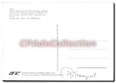 Autobus parisiense T.N. 43 na plataforma da RATP — Paris by Night — organizado por I.F.C. — 24 de junho de 1984 — Verso