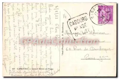 Cabourg — Grand Hôtel e Praia — editor Real-Photo C. A. P. Strasbourg, n° 437 — Verso