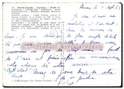 Pas-de-Calais — Carta postal turística com mapa e fotos de locais — editor desconhecido — Verso