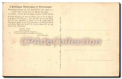 Stara pocztówka L'Auvergne historique et Pittoresque widok panoramiczny z St Sauves i mostu zrobiony z Roche — Rewers