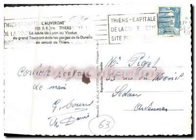 Półnowoczesna pocztówka Auvergne Thiers droga z Lyon do Viaducu du grand Tournant w Gorgach rzeki Durolle w górnej części Thiers — Rewers