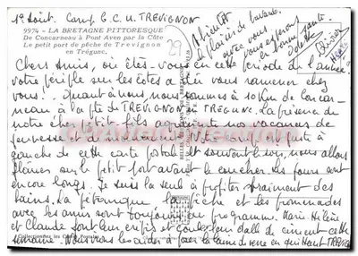 Półnowoczesna pocztówka La Bretagne Pittoresque Z Concarneau do Pont Aven przez wybrzeże Mały port rybacki Trevign — Rewers