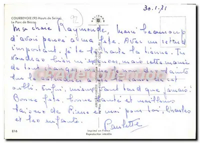 Il Parco di Bécon — Courbevoie (92) — editore Malicorne, n°816 — Verso