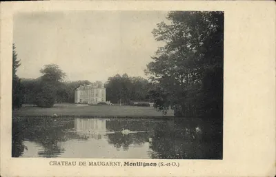 Castelo de Maugarny, Montlignon (S.-et-O.) — vista com lago e cisnes — editor não identificado