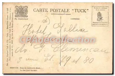 Menton — Jardins du Caret — Statua jeździecka — wydawca Tuck & Fils, seria n°117 — Rewers
