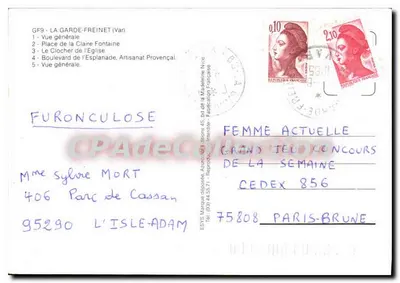 La Garde-Freinet — ogólne widok, plac Claire Fontaine, dzwonnica kościoła — ESYs Marque déposée, Azurcâlin 45, bd de la Madeleine N°65 — Rewers