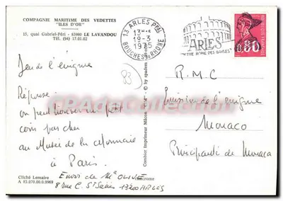 Embarcação da Compagnie Maritime des Vedettes — Ilhas d'Or — Arles, 1935 — Verso