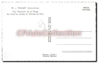 Fécamp (Seine-Maritime) — Vista general de la playa, en el fondo las diques y la entrada del puerto — Ediciones Gaby — Reverso