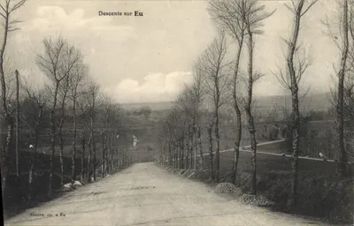 Descente sur Eu — vue de la route bordée d'arbres — Santos, op. n° Eu