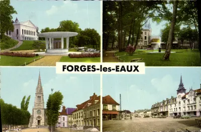 Bilhete postal antigo Forges les Eaux Estação Termal O Casino o parque do Hotel de Ville a Igreja praça Breviere e