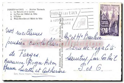 Bilhete postal antigo Forges les Eaux Estação Termal O Casino o parque do Hotel de Ville a Igreja praça Breviere e — Verso