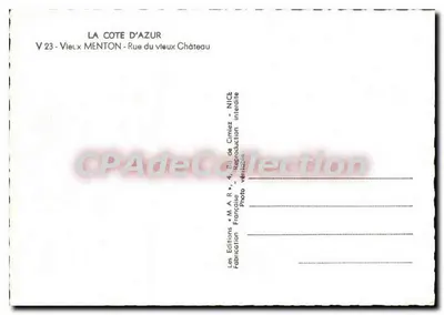 Velha Menton — Rua do Velho Castelo — Les Éditions de la Côte d'Azur, n° V 23 — Verso