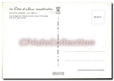 Sainte-Agnes — vila costeira mais alta da Europa — Ed. A. Rion, n° 94/24.2 — Verso