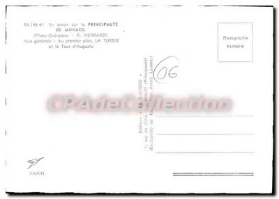 Stara pocztówka w samolocie nad Principauté Monako Ogólny widok Na pierwszym planie La Turbie i Wieża Augusta — Rewers