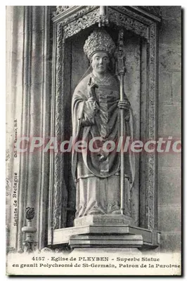 Kirche von PLEYBEN — Prächtige farbig verzierte Granitstatue des St-Germain, Schutzpatron der Pfarrei — Coll. Hannais, S.G.