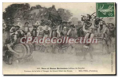 Bilhete postal antigo Noce e Dança Bretãs quadro de derolle painel da sala de jantar do grande hotel das Dunas