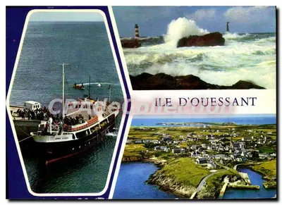Bilhete postal semimoderno Ilha de Ouessant Norte Finistère Enez Eussa no porto de Stiff Farol do Nividic por mar forte o porto