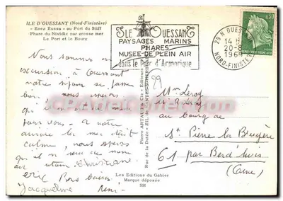 Bilhete postal semimoderno Ilha de Ouessant Norte Finistère Enez Eussa no porto de Stiff Farol do Nividic por mar forte o porto — Verso