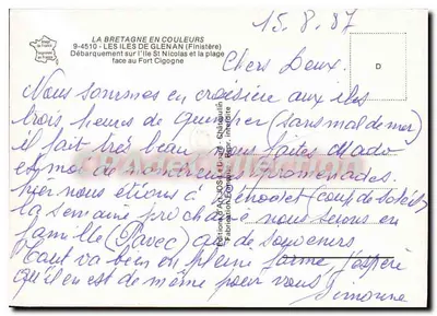 Półnowoczesna pocztówka — Wyspy Glenan, Finistère — Wylądowanie na Wyspie św. Nikodema i plaża naprzeciwko Fortu Cigogne — Rewers