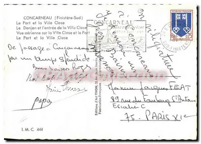 Cartolina d'epoca Concarneau Finistère Sud il porto e la città Chiuso il Donjon e l'ingresso della città Chiuso vista a — Verso