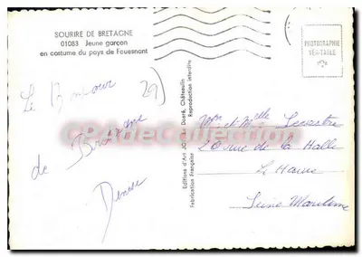 Uśmiech Bretanii — Młody chłopiec w stroju z Fouesnant — Éditions d'Art Jos. Le Doaré, Châteaulin — Rewers