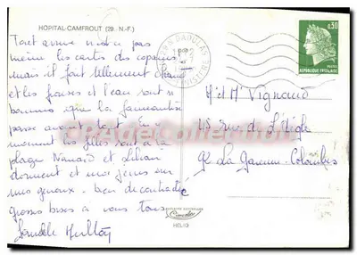 Widok portu w Hôpital-Camfrout z kościołem i jachtem 520 — Wydawca Hélios — Rewers