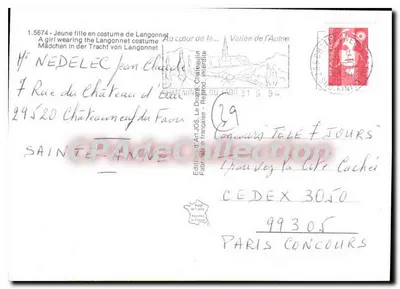 Młoda kobieta w stroju z Langonnet — Wydawnictwo Sztuki JOS, Le Doat, Francja — nr 1.5674 — Rewers