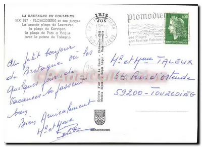 Bilhete postal semimoderno Plomodiern e suas praias a grande praia de Lestrevet a praia de Kervigen a praia de pors a V — Verso