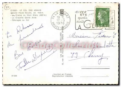 Col des Aravis — vista panorámica con montaña nevada y prados — editor J. Cellard, n° R.1284 — Reverso
