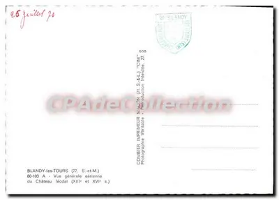 Blandy-les-Tours — Ogólny widok z lotu ptaka zamek feudalny (XIII i XVI w.) — Wydawca Combiér, 60-103 A — Rewers