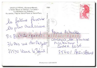 Vaux-Le-Penil — vue panoramique avec édifice des Postes Télécommunications, église Saint-Pierre et Saint-Paul, et résidence du Château — Éditions GUY — Verso