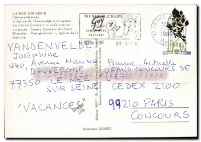 Le Mée-sur-Seine — vue panoramique avec église, centre commercial et poste télécommunications — éditeur Guy — Verso