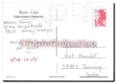 Moissy-Cramayel — vista aérea da prefeitura e da igreja — Impresso na França — Verso