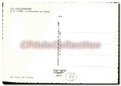 Coulommiers — Monumento aos Mortos — Impressor Macon (71) S.&L. - 1989 — Verso