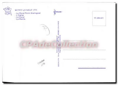 Mitry-le-Neuf — vista da praça, da igreja, do canal e de uma casa — edição 'La Cigogne' SODALFA — Verso
