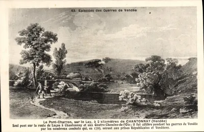 Bilhete postal antigo Chantonnay (Vendée) O Ponte Charron sobre o Lay Episódios das guerras de Vendée