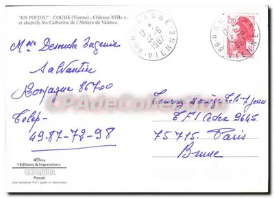 Couhé (Vienne) — Zamek XVI wieku i kaplica św. Katarzyny z Abbatii Valence — Wydawnictwo & Drukarnia Comdier — Rewers