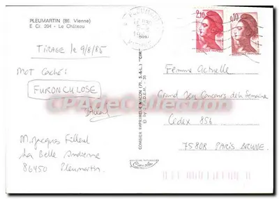Castelo de Pleumartin — Editor Ciring, série tiragem 9/8/85 — Editor Combier Imprimerie Macon — Verso