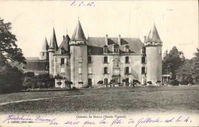 Castelo de Nexon (Haute-Vienne) — vista do castelo com inscrição manuscrita — J. Faissat, fot.-edit.