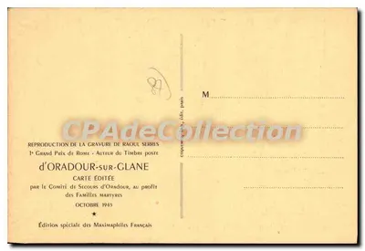 Oradour — Zerstörung am 10. Juni 1944 — Kupferstich von Raoul Serres, veröffentlicht vom Rettungskomitee von Oradour-sur-Glane — Rückseite