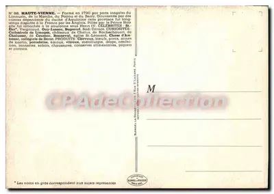 Haute-Vienne — carta postal ilustrada com retratos de personalidades e locais — editor J.P. Pinchon, n°88 — Verso