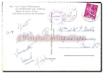 Piekne krajobrazy Vosgów — LA SCHLUCHT (alt. 1139 m.) — Stacja sportów zimowych «Les Remonte-pentes du Montabey» — Wydawnictwo Roby — Rewers