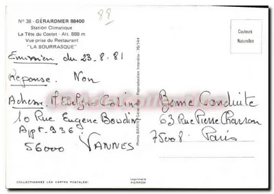 Gérardmer — Widok z restauracji 'La Bourrasque' — Stacja klimatyczna, nr 38, Drukarnia Pierron — Rewers