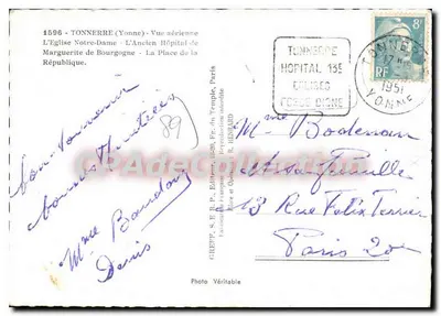 Tonnerre (Yonne) — Widok z powietrza — Katedra Najświętszej Maryi Panny, Stare Szpitala Marguerity z Bourgogne, Plac Republiki — Wydawca Greff, Paryż — Rewers