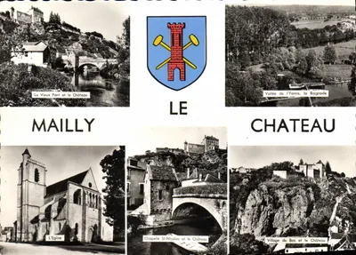 Mailly-le-Château — Vista panorâmica com o castelo, o velho ponte, a igreja e a vallé da Yonne — Edição de Luxe E. Hugon, Villeneuve-la-Guyard