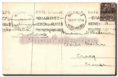 Biarritz - Grande Plage — animowany widok plaży z lat 1900 z latarnią i dużym budynkiem w tle — wydawca nieznany, nr 202 — Rewers
