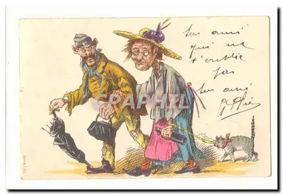 Deux personnages caricaturaux et un chat — Série 170 — Graphphil