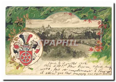 Erpfurt, Total Ansicht — vue panoramique avec blason — Verlag von E. Niedling, Erfurt