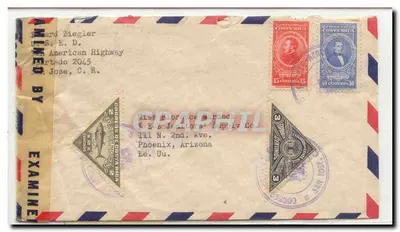 Carta postal aérea — Costa Rica — San José — destinada a Phoenix, Arizona — selos 15 e 40 centimos